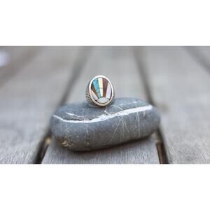 Signed Zuni Sterling Silver Multistone Inlay Ring 9 | Turquoise Jet Shell MOP